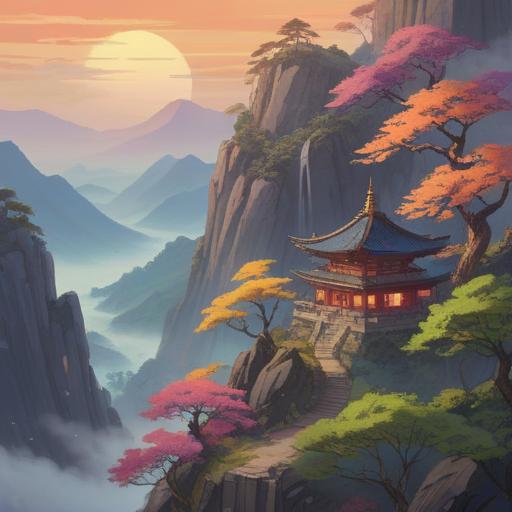 A serene landscape of Shosha Mountain, misty atmosphere, ancient trees, peaceful temple nestled among the hills, spiritual essence, meditative figure in contemplation, soft light filtering through the foliage, harmonious connection with nature, vibrant greenery, tranquil ambiance, 4k