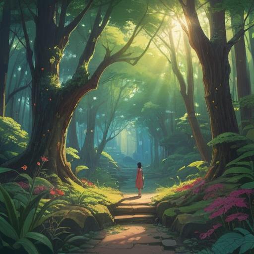 A serene and mystical landscape at Shoshazan, soft sunlight filtering through the trees, a tranquil atmosphere, a spiritual aura enveloping the surroundings, sacred symbols gently glowing, peaceful spirits manifesting in the background, harmony with nature, meditative vibe, 4k