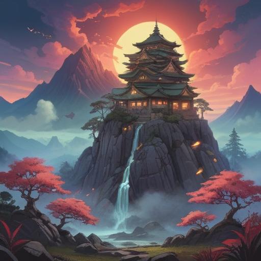A serene landscape illustration of Shosha Mountain, mystical fog enveloping the surroundings, subtle spiritual signs like glowing symbols on rocks, gentle streams reflecting the sunlight, tranquil atmosphere, rich greenery and ancient trees, a peaceful path leading to the temple, hint of spiritual energy, 4k
