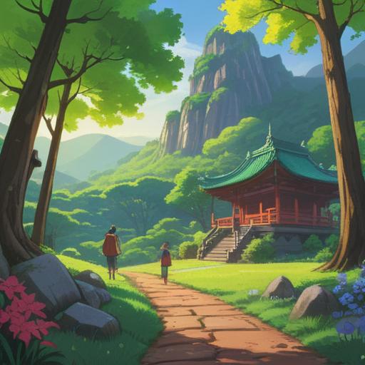 A tranquil scene at Shoshazan, lush green hills, a serene temple setting, sunlight filtering through the trees, people engaging in lucky activities, symbolic gestures for good fortune, traditional Japanese architecture, vibrant colors, peaceful atmosphere, 4k