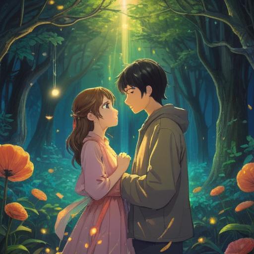 A serene illustration depicting the spiritual connection between your first love and yourself, soft light illuminating ethereal elements, gentle aura surrounding two figures, intertwining vines symbolizing unity, dreamy landscape with vibrant colors, a sense of nostalgia and warmth, 4k
