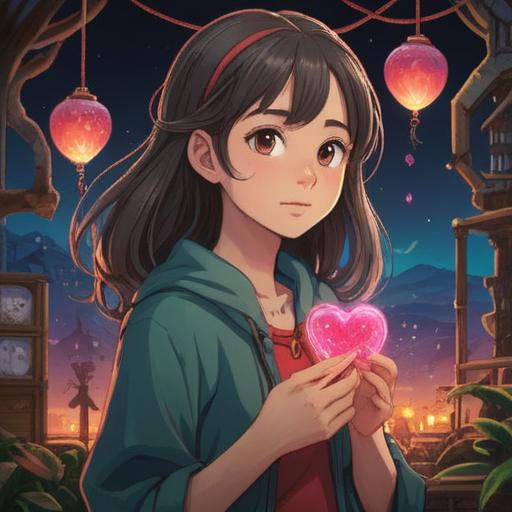 A whimsical illustration of a young person holding a lucky charm, representing memories of first love, a heart-shaped pendant glowing softly, surrounded by blooming cherry blossoms, a gentle breeze rustling the petals, a dreamy nostalgic atmosphere, warm sunlight filtering through the trees, longing expressions, detailed background, 4k
