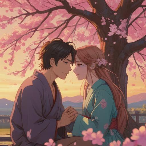 A nostalgic scene depicting a young couple sharing a tender moment under a cherry blossom tree, vibrant petals falling around them, reminiscent of first love memories, energy radiating from their smiles, warm sunlight filtering through the branches, a feeling of youthful joy and hope, capturing the essence of cherishing memories and channeling that energy into future aspirations, serene atmosphere, pastel colors, 4k
