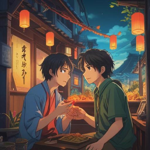 A serene moment of two strangers meeting for the first time, a nostalgic feeling in the air, a small lucky charm symbolizing fortune, soft glows of warm light, gentle smiles exchanged, atmospheric background with hints of memories, capturing a sense of connection, 4k