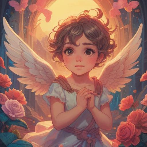 A charming depiction of Cupid meeting someone for the first time, whimsical atmosphere, joyful expressions, elements of destiny and serendipity, soft pastel colors, magical light, playful interaction, heart motifs, enchanting setting, 4k