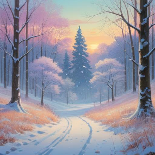 A serene winter landscape featuring gentle falling snowflakes, soft white powder covering the ground, a tranquil forest with bare trees, ethereal light illuminating the scene, a feeling of peace and connection to nature, hints of mystical symbols in the snow, evoking a sense of spiritual awakening, 4k