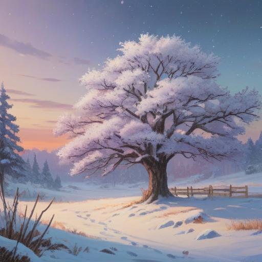 A serene winter landscape with gentle snowfall, ethereal light illuminating the scene, soft white snow covering the ground, a solitary tree with branches coated in frost, subtle symbols of spiritual signs in the snow, a sense of calm and introspection, capturing the essence of first snow and spiritual awareness, peaceful atmosphere, 4k