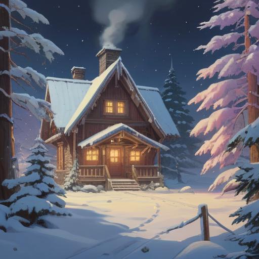 A cozy winter scene, first snow falling gently, a small wooden house with smoke curling from the chimney, pine trees covered in white powder, lucky charms hanging from tree branches, children enjoying snowball fights, warm light glowing from the windows, serene atmosphere, capturing the essence of good fortune in winter, 4k