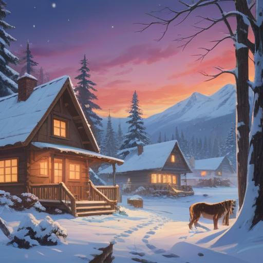 A serene winter landscape, gentle snowfall, cozy cabin with warm light, people sipping hot cocoa by the fireplace, snow-covered trees, peaceful atmosphere, soft colors, inviting scene, uplifting feelings, 4k