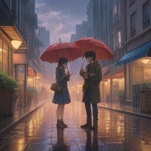 A romantic scene of a first date under falling rain, two individuals sharing an umbrella, soft raindrops creating a dreamy atmosphere, gentle expressions of connection and anticipation, spiritual significance of love and new beginnings, vibrant colors reflecting hope, subtle hints of nature in the background, 4k