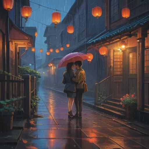 A romantic scene of a first date in the rain, soft raindrops falling on a couple, lanterns glowing warmly in the background, shared umbrella creating an intimate atmosphere, reflections on wet pavement, expressions of joy and connection, serene spiritual ambiance, lush greenery surrounding, 4k