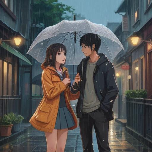 A serene outdoor scene during a rainy first date, soft raindrops falling, couple sharing an umbrella, expressive emotions on their faces, subtle signs and symbols of spiritual significance in the background, ethereal glow, gentle reflections on wet surfaces, romantic atmosphere, 4k