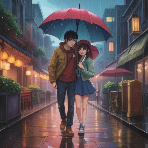A romantic scene depicting a couple on their first date under the rain, holding an umbrella together, cheerful expressions, surrounded by lucky items like a four-leaf clover and a horseshoe, warm colors, charming street with glowing lights, reflections on wet pavement, soft focus, dreamy atmosphere, 4k