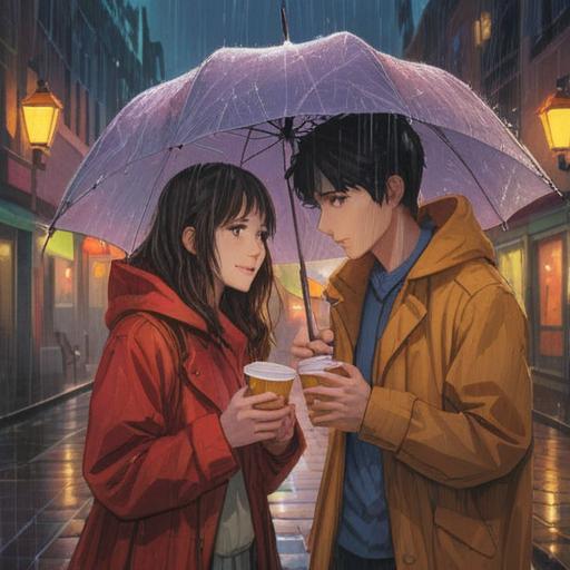 A cozy illustration of a couple on their first date in the rain, sharing an umbrella, warm beverages in hand, colorful raincoats, romantic atmosphere, raindrops splashing, reflections on wet pavement, smiling expressions, soft lighting, inviting heartwarming vibe, detailed urban background, 4k