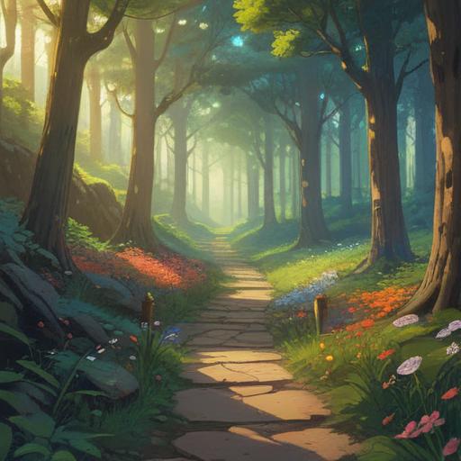 A serene landscape representing a smooth and prosperous life, symbolizing spiritual harmony, radiant sunlight illuminating a tranquil path, flourishing trees and vibrant flowers along the way, gentle flowing river reflecting the sky, peaceful atmosphere, inspiring journey, sense of fulfillment, 4k