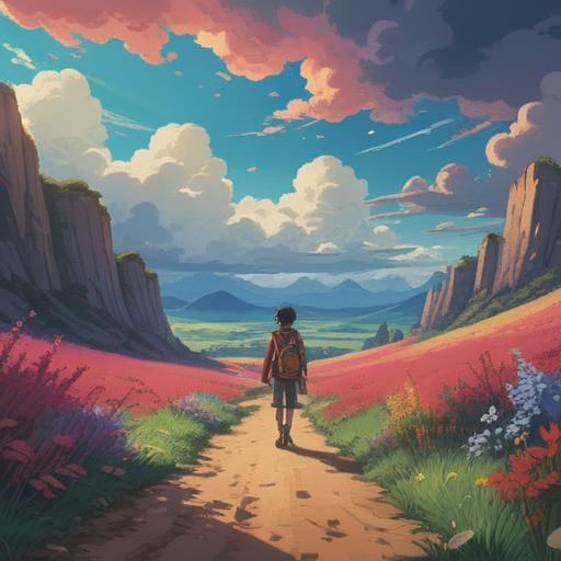 A serene landscape depicting a person walking a smooth path under a bright sky, subtle hints of dark clouds gathering in the distance, vibrant flowers along the path symbolizing success, contrasting shadows suggesting hidden warnings, an aura of tranquility mixed with unease, harmonious colors blending with a touch of foreboding, 4k