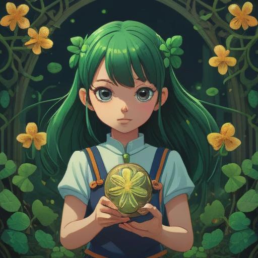 A vibrant illustration of a lucky charm symbolizing a smooth and successful life, featuring a shiny four-leaf clover, intricate patterns, sparkling stars around it, a peaceful and hopeful atmosphere, lush greenery in the background, bright colors, positive energy, 4k