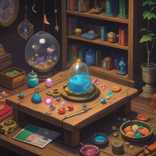 A serene scene depicting lucky items for a fulfilling life, vibrant colors, various charms and amulets displayed on a wooden table, surrounded by nature, sunlight filtering through leaves, a gentle breeze, peaceful atmosphere, intricate details of each item, evoking warmth and positivity, 4k