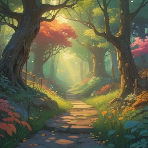 A serene and ethereal landscape, soft light filtering through the trees, a winding path leading into the unknown, symbols of growth and transformation, gentle creatures representing change and guidance, a sense of peacefulness and hope, vibrant colors, harmonious balance, 4k