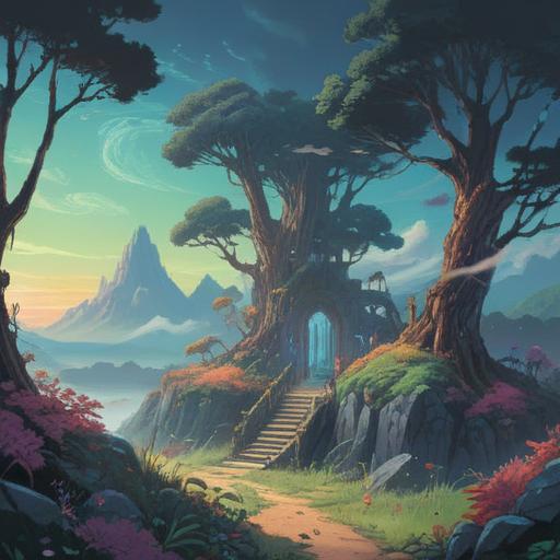 A serene and ethereal landscape, symbolizing spiritual connections, intertwined paths leading to a radiant light, soft wisps of fog enveloping the surroundings, lush greenery and blossoming flowers representing growth and harmony, gentle flowing river reflecting the sky, tranquil atmosphere evoking a sense of destiny, vivid colors, 4k