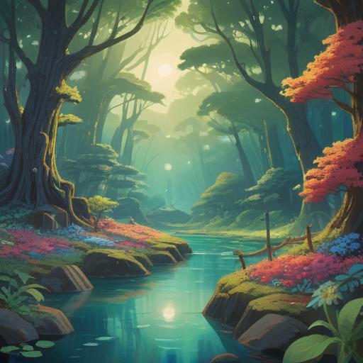 A serene and mystical landscape, vibrant colors, ethereal light filtering through trees, gentle streams symbolizing flow and connection, various spiritual symbols subtly integrated, peaceful atmosphere inviting reflection, harmonious elements representing balance, signs of fate and destiny woven into the scenery, 4k