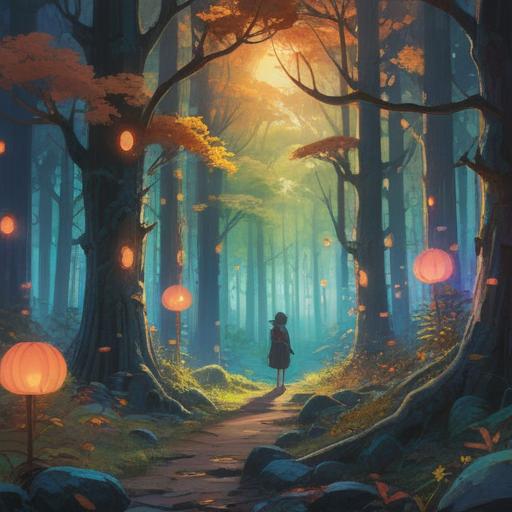 A mystical forest setting, glowing symbols in the air, characters reflecting on their life paths, ethereal light filtering through trees, a serene atmosphere, subtle hints of fate and destiny, spiritual guidance, 4k
