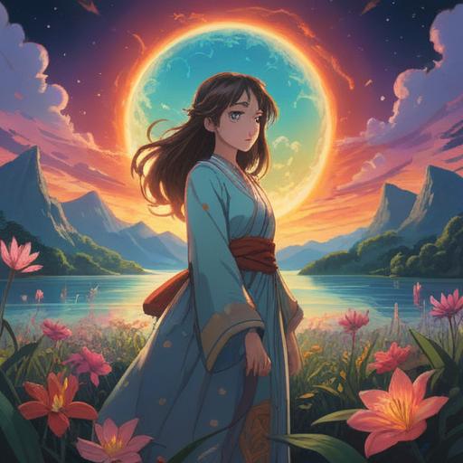 A serene illustration of a pure soul, ethereal glow, surrounded by radiant light, peaceful landscape, symbolic elements of spirituality, gentle colors, soft aura, connection with nature, tranquil expression, 4k