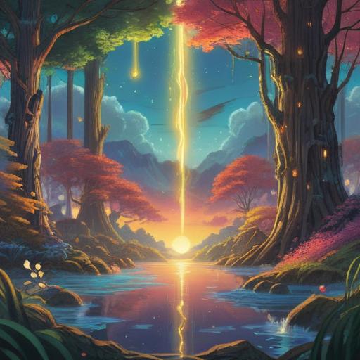 A serene landscape depicting a pure soul radiating light, ethereal beings surrounding the soul, symbols of peace and harmony in the background, gentle flowing water reflecting the light, lush greenery, mystical atmosphere, warm and inviting colors, uplifting feelings, 4k