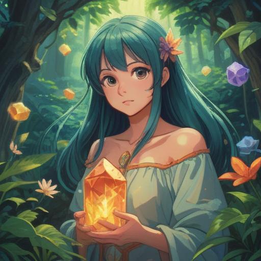 A serene illustration of a vibrant crystal, glimmering in the sunlight, surrounded by lush greenery, representing purity and luck, ethereal light effects, soft focus, a sense of tranquility, calming atmosphere, magical aura, detailed textures on the crystal facets, 4k