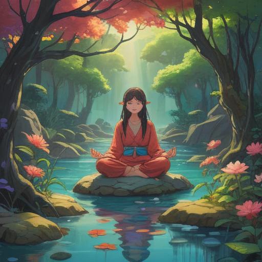 A serene and peaceful illustration of a person meditating in a tranquil natural setting, surrounded by gentle flowing water and blooming flowers, soft sunlight filtering through trees, symbols of growth and healing in the background, calm and harmonious colors, emphasis on inner peace and transformation, 4k