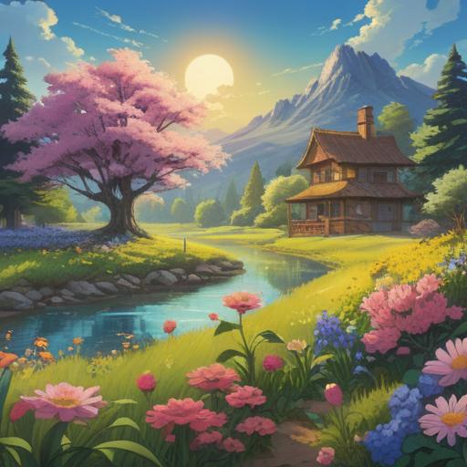 A serene landscape symbolizing spiritual awakening after the spring equinox, blooming flowers representing renewal, gentle sunlight illuminating the scene, ethereal presence of energy flowing through nature, harmonious colors signifying balance and growth, tranquil atmosphere reflecting inner peace, a figure meditating amidst the blossoms, 4k