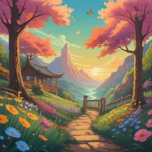 A serene landscape depicting spiritual signs after the spring equinox, vibrant blooming flowers, gentle breeze, symbolic elements like butterflies and sunlight, ethereal glow, peaceful nature scene, awakening energy, harmonious balance, 4k