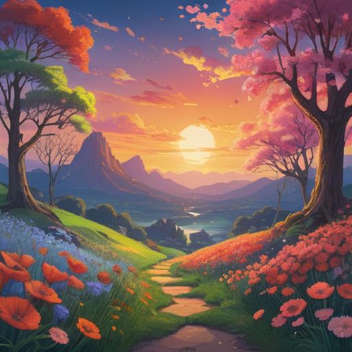 A serene landscape depicting the Spring Equinox, vibrant blooming flowers, balanced harmony of day and night, spiritual symbols in the sky, gentle sunlight breaking through clouds, tranquil reflection pond, lush greenery, peaceful atmosphere, 4k