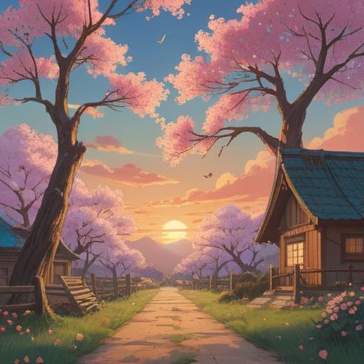 A serene landscape representing the vernal equinox, blooming cherry blossoms, radiant sunrise illuminating the sky, gentle breeze, harmonious balance of light and shadow, vibrant nature, people meditating in tranquility, positive energy flow, spiritual awakening, 4k