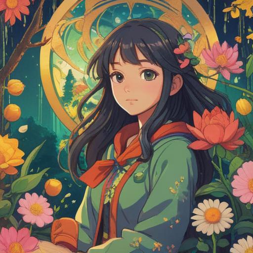 A serene illustration capturing the essence of the Spring Equinox, spiritual symbols intertwined with nature, blooming flowers representing new beginnings, the balance of day and night depicted in the sky, gentle reflections in a tranquil pond, ethereal light shining through the trees, a sense of harmony and renewal, 4k