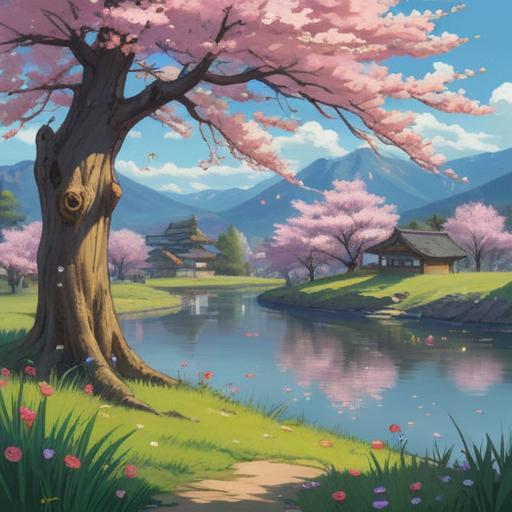 A serene landscape depicting the arrival of spring, blooming cherry blossoms, a tranquil pond reflecting clear blue skies, people planting seeds in a garden to symbolize new beginnings, cheerful atmosphere, soft sunlight filtering through the trees, vibrant colors representing luck and prosperity, thematic elements of fortune, harmonious balance of nature, 4k