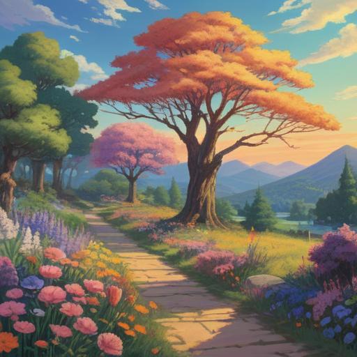A serene landscape depicting the equinox, lush blooming flowers, gentle sunlight filtering through trees, mystical aura, soft pastel colors, tranquil energy, people meditating in harmony with nature, quiet reflection, peaceful atmosphere, 4k