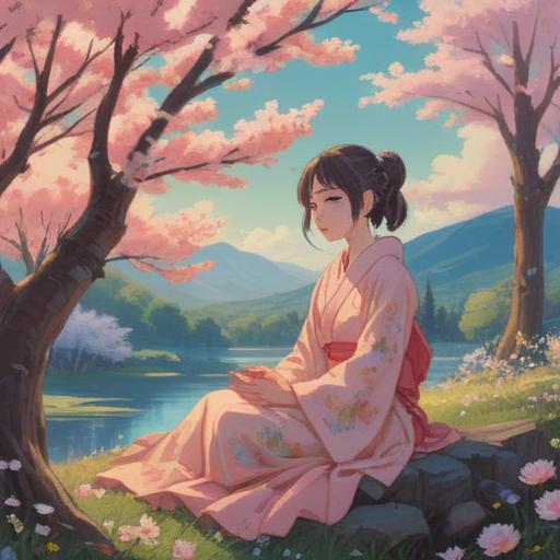 A serene and ethereal landscape, soft pastel colors, a gentle breeze rustling cherry blossoms, a tranquil figure meditating under a blooming tree, warm sunlight filtering through the branches, symbols of awakening and renewal, a sense of calm and introspection, spiritual harmony, 4k