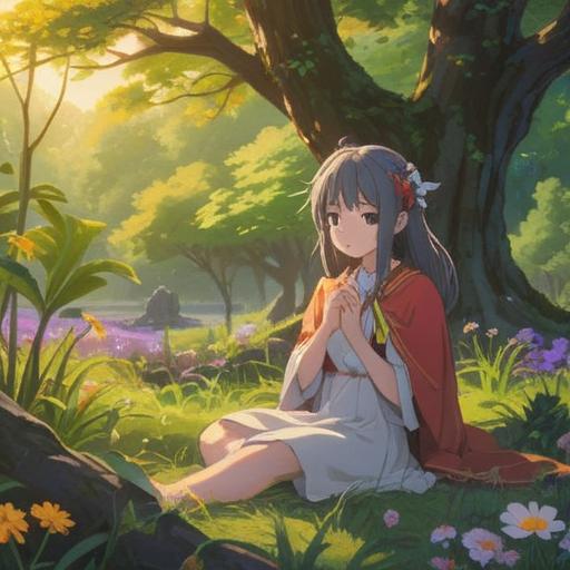 A serene landscape depicting the equinox, blooming flowers, gentle sunlight filtering through trees, a peaceful figure resting with a relaxed expression, subtle spiritual symbols in the air, soft colors, tranquil atmosphere, connection with nature, mindfulness, clarity, 4k