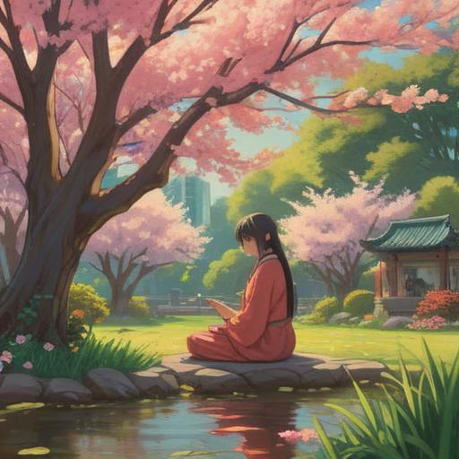 A tranquil scene of a serene garden in spring, blooming cherry blossoms, gentle sunlight filtering through the trees, a person meditating by a pond, harmony with nature, soft breeze, pastel colors, peaceful atmosphere, mindful reflection, rejuvenating energy, 4k