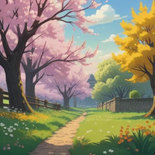 A serene spring equinox scene, gentle sunlight filtering through blossoming cherry trees, a tranquil landscape, soft grass carpet, a sense of awakening and renewal, dreamy atmosphere, spiritual reflection, calming energy, nature's harmony, vibrant colors, peaceful meditation, 4k