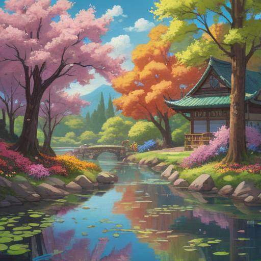 A serene landscape during the spring equinox, blooming flowers, gentle sunlight filtering through trees, a calm body of water reflecting the vibrant colors, symbols of spirituality, harmonious balance between day and night, peaceful atmosphere, a sense of renewal and hope, 4k