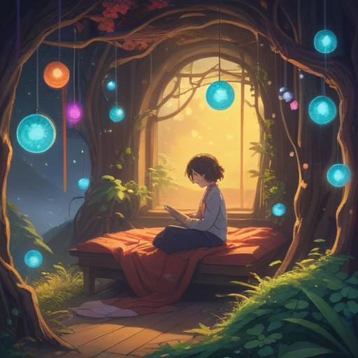 A serene illustration of a person feeling drowsy, surrounded by ethereal glowing orbs, gentle light emanating from the surrounding environment, symbols of intuition and awareness in the air, a tranquil setting with soft colors, a hint of mysticism, peaceful facial expression, plants and natural elements representing grounding, 4k