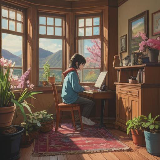 A cozy indoor scene, a person surrounded by spring-themed lucky items, vibrant flowers in bloom, sunlight streaming through the window, warm and inviting atmosphere, traditional Japanese lucky charms, gentle pastel colors, serene expression on the person’s face, feeling refreshed and energized, 4k