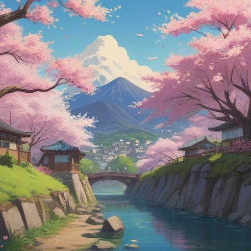 A spiritual illustration depicting the essence of Haru Doyou, vibrant spring landscapes, blooming cherry blossoms, harmonizing elements of nature, calm and reflective atmosphere, a figure meditating under a tree, sunrise illuminating the scene, mystical energy surrounding, tranquility and balance, 4k
