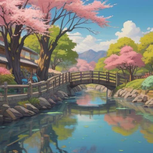 A serene landscape during the Haru Doyou season, blooming cherry blossoms, soft sunlight filtering through the trees, a tranquil river reflecting the vibrant colors, spiritual symbols subtly integrated in the scenery, a feeling of renewal and positive energy, harmonious balance between nature and spirituality, inviting atmosphere, vibrant colors, peaceful ambiance, 4k