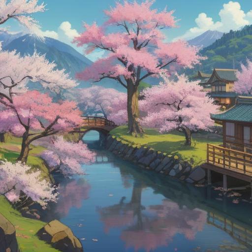 A serene landscape during Haru Doyou, subtle spiritual symbols in the air, blossoming cherry trees, gentle flowing river, soft light illuminating the scene, peaceful atmosphere, signs of nature awakening, ethereal energy, vivid colors, 4k