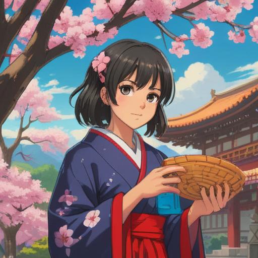 A vibrant illustration of spring, featuring lucky items for boosting fortune, cherry blossoms in full bloom, traditional Japanese symbols of good luck, a bright sun shining in a clear blue sky, cheerful colors, serene atmosphere, detailed foreground with lucky charms like maneki-neko and talismans, 4k