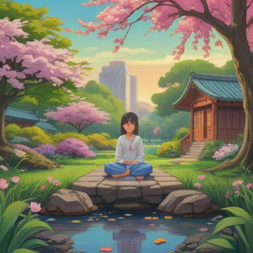 A serene illustration of a tranquil garden during spring, gentle cherry blossoms in full bloom, a person practicing meditation, surrounded by lush greenery, a peaceful pond reflecting the sky, soft sunlight filtering through the leaves, calming and harmonious atmosphere, symbolizing mindfulness and balance, 4k