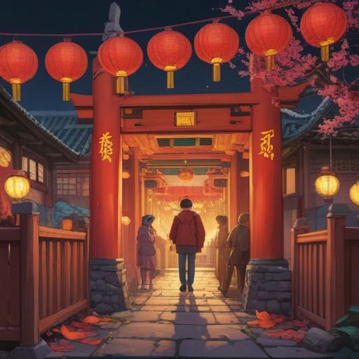 A serene and vibrant depiction of Lunar New Year celebrations, symbolizing renewal and hope, traditional red lanterns glowing softly, families gathered together in joyous reunion, decorated trees with auspicious symbols, a dragon dance weaving through the streets, rich cultural motifs and patterns, harmonious atmosphere, 4k